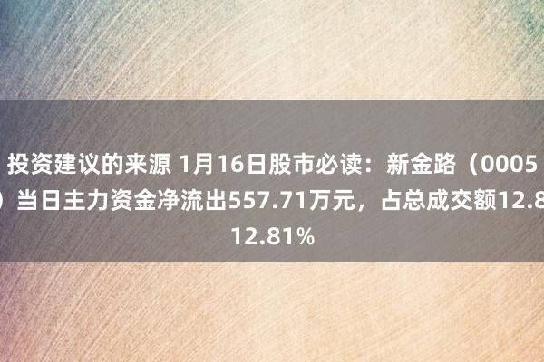 投资建议的来源 1月16日股市必读：新金路（000510）当日主力资金净流出557.71万元，占总成交额12.81%