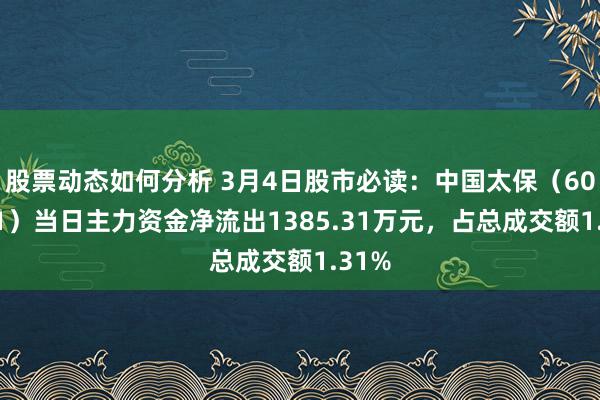 股票动态如何分析 3月4日股市必读：中国太保（601601）当日主力资金净流出1385.31万元，占总成交额1.31%